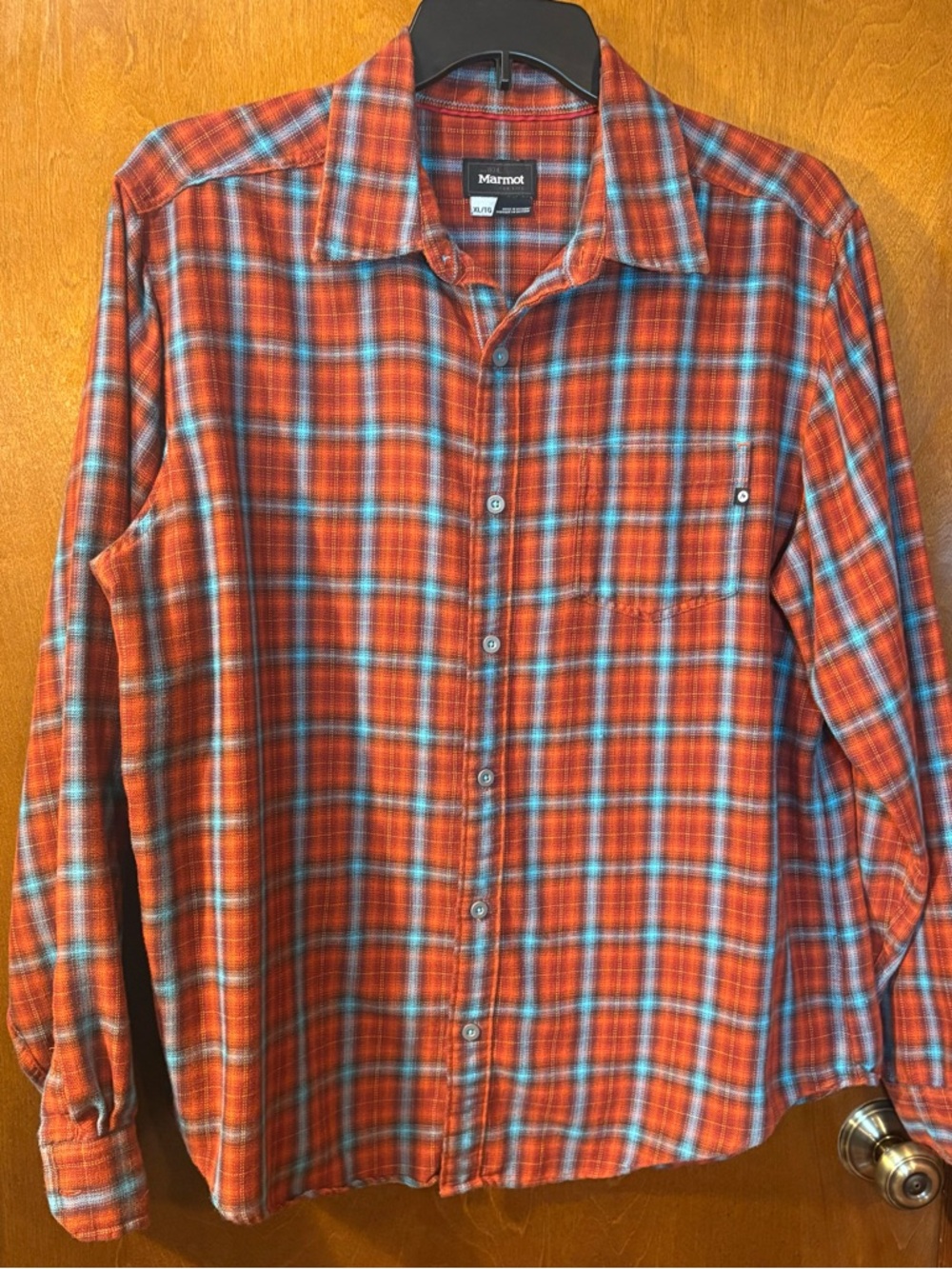 Marmot Men's Orange and Teal Plaid Button-Down Shirt